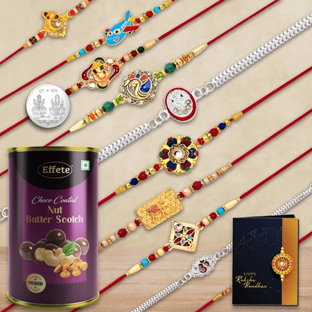 Multicolor Bracelet Rakhi (K10_mc8_bs)  Chocolate Butter Scotch With Silver Color Pooja Coin Roli Chawal  Greeting Card  Occasion  Rakhi Combo With Card And Chocolate  Chocolates Gift  Rakhi  Chocolate For Brother  Rakhi With Gift