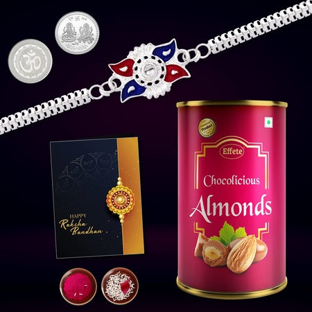 (K1_a30_ca) Multicolor Free Hand Drawing Silver Color Rakhi Combo  Chocolate Almonds 96gm With Silver Color Pooja Coin Roli Chawal  Greeting Card  Occasion  Rakhi  Chocolate For Brother  Bracelets For Men Stylish  Rakhi With Gift  R