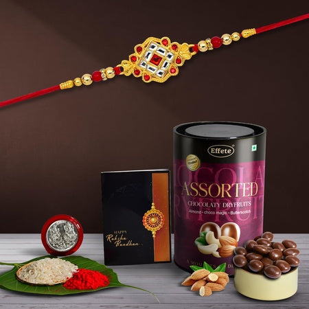 (K1_515_as) Rakhi Combo With Assorted Chocolate Dryfruits 96gm Rakhi For Brother With Gift  Chocolate Gift Pack Rakhi With Chocolate Gift Hemper  Fancy Rakhi For Men  Set Of 1
