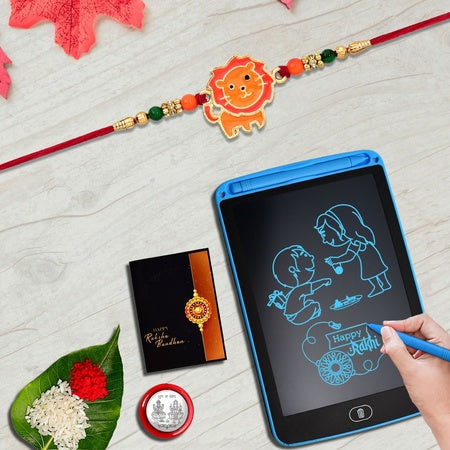 Multicolor Lion Rakhi Combo (K1_302_1360) With Lcd Writing Padtablet For Kids Silver Color Pooja Coin  Greeting Card  Occasion  Rakhi For Brother With Gift  Fancy Rakhi For Men Stylish Rakhi Combo For Brother  Fancy Rakhi For Brother  Set