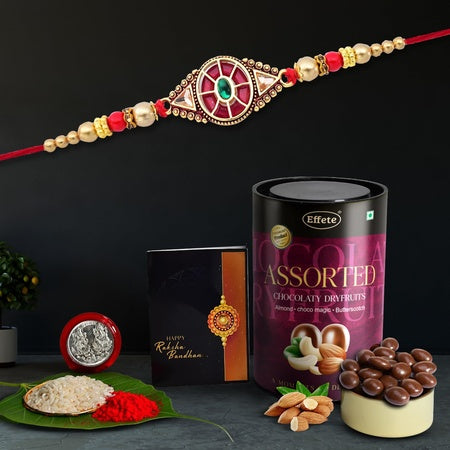 Rakshabandhan Red Design Rakhi For Brother Set Of 1 With Assorted Chocolate Dryfruits 96gm (K1_424_as)