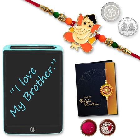 (K1_255_1360) Multicolor Orange Rakhi  Lcd Writing Padtablet For Kids With Silver Color Pooja Coin  Greeting Card Occasion Kids Silver Rakhi Rakhi For Brother With Gift Kids Gifts For Little Brother Fancy Rakhi For Brother  Set Of 1 Rakhi