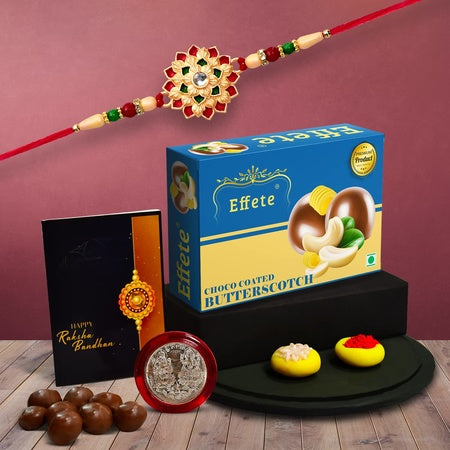 (K1_501_bs32) Multicolor Rakhi Combo  Chocolate Butter Scotch With Silver Color Pooja Coin Roli Chawal  Greeting Card  Occasion  Rakhi  Chocolate For Brother  Bracelets For Men Stylish  Rakhi With Gift  Rakhi Combo  Set Of 1 Rakhi