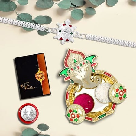 Rakhi For Brother Set Of 1 With Dish Silver Coin  Greeting Card Rakhi For Brother And Bhabhi Rakhi With Gift For Brother Rakhi For Kids Rakhi Set Rakhi Combo (K1_a6_aa3)