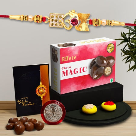 (K1_282_cm32) Multicolor Red Om Rakhi Combo With Chocolate Magic 32gm Silver Color Pooja Coin Roli Chawal  Greeting Card Occasion Rakhi For Brother With Gift Chocolate Gift Pack Rakhi With Chocolate Gift Hemper Bracelets For Men Set