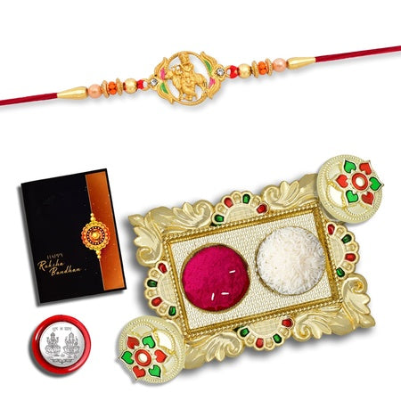 (K1_909_aa1) Rakhi Combo With Pooja Coin Gold Color Pooja Thali  Tilak Set  Greeting Card Rakhi With Plate  Rakhi Thali Set  Rakhi For Brother Kids  Rakhi In Silver  Rakhi Hamper  Handmade Rakhi  Rakhi For Brother  Bhabhi  Rakhi Set Of 1