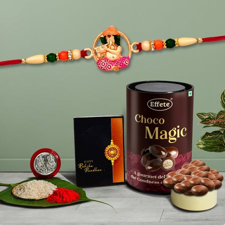 (K1_522_cd) Multicolor Idol Ganesh Rakhi Combo  Chocolate Delight 96gm With Silver Color Pooja Coin Roli Chawal  Greeting Card  Occasion  Rakhi  Chocolate For Brother  Bracelets For Men Stylish  Rakhi With Gift  Rakhi Combo  Set Of