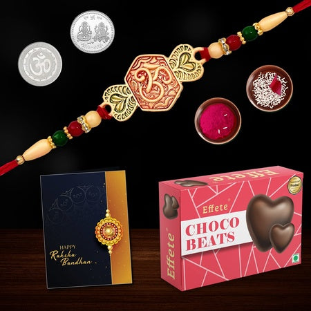 (K1_528_cb32) Multicolor Simple Heart Rakhi Combo With Chocolate Beats 32gm Silver Color Pooja Coin Roli Chawal  Greeting Card Occasion Rakhi  Chocolate For Brother Rakhi With Chocolate Rakhi With Gift Rakhi Combo Set Of 1 Rakhi R