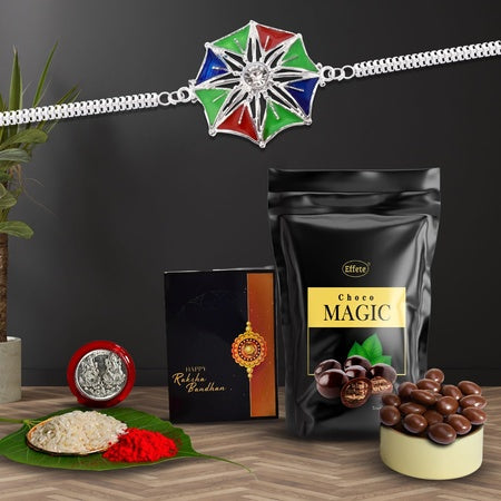 Multicolor Bracelet Rakhi (K1_a22_sp)  Chocolate Magic 32gm With Silver Color Pooja Coin Roli Chawal  Greeting Card  Occasion  Rakhi For Brother With Gift  Handmade Rakhi Rakhi Combo For Brother  Stylish Rakhi For Brother  Set Of 1