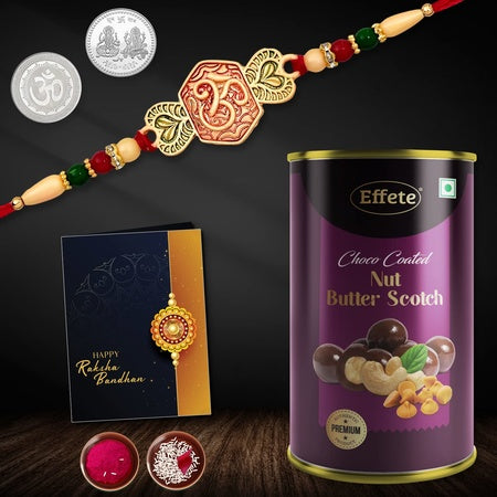 (K1_528_bs) Multicolor Simple Heart Rakhi Combo With Chocolate Butter Scotch 96gm Silver Color Pooja Coin Roli Chawal  Greeting Card Occasion Rakhi For Brother With Gift Chocolate Gift Pack Rakhi With Chocolate Gift Hemper Bracelets