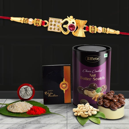 (K1_282_as) Multicolor Red Om Rakhi Combo With Assorted Chocolate Dry Fruits 96gm Silver Color Pooja Coin Roli Chawal  Greeting Card Occasion Rakhi  Chocolate For Brother Rakhi With Chocolate Rakhi With Gift Rakhi Combo Set Of 1 Ra