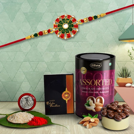 (K1_553_as) Rakhi Combo With Assorted Chocolate Dryfruits 96gm Rakhi For Brother With Gift  Chocolate Gift Pack Rakhi With Chocolate Gift Hemper  Fancy Rakhi For Men  Set Of 1