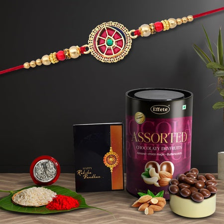Designer Rakhi For Brother Set Of 1 With Assorted Chocolate Dryfruits 96gm (K1_422_as)
