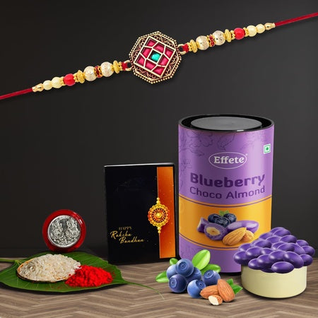 Rakhi Combo (K1_420_ba)  Blueberry Choco Almond 96gm With Pooja Coin  Greeting Card  Rakhi Gift Hamper  Rakhi For Brother With Gift  Handmade Rakhi Rakhi Combo For Brother  Stylish Rakhi For Brother  Rakhi Set Of 1