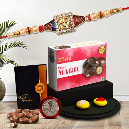 Multicolor Ganesh Rakhi  Bracelet (K1_257_cm32)  Chocolate Magic 32gm Silver Color Pooja Coin Roli Chawal  Greeting Card Set Of 1 Rakhi Rakhi Chocolate Gift Combo