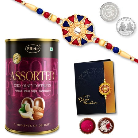 (K1_536_as) Multicolor Hearts Diamond Colorful Beads Rakhi Combo With Assorted Chocolate Dry Fruits 96gm Silver Color Pooja Coin Roli Chawal  Greeting Card  Occasion  Rakhi For Brother With Gift  Chocolate Gift Pack Rakhi With Chocola
