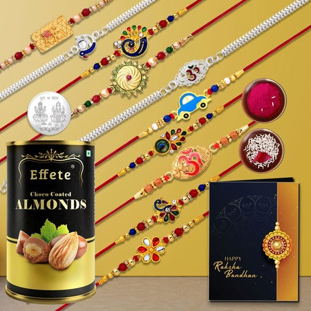 Rakhi For Brother Set Of 10 With Chocolate Almonds Silver Color Pooja Coin Rakhi With Greeting Card Rakhi For Brother And Bhabhi Rakhi With Chocolate Rakhi With Gift For Brother Rakhi For Kids Rakhi Set Rakhi Combo Rakhi With Sweets