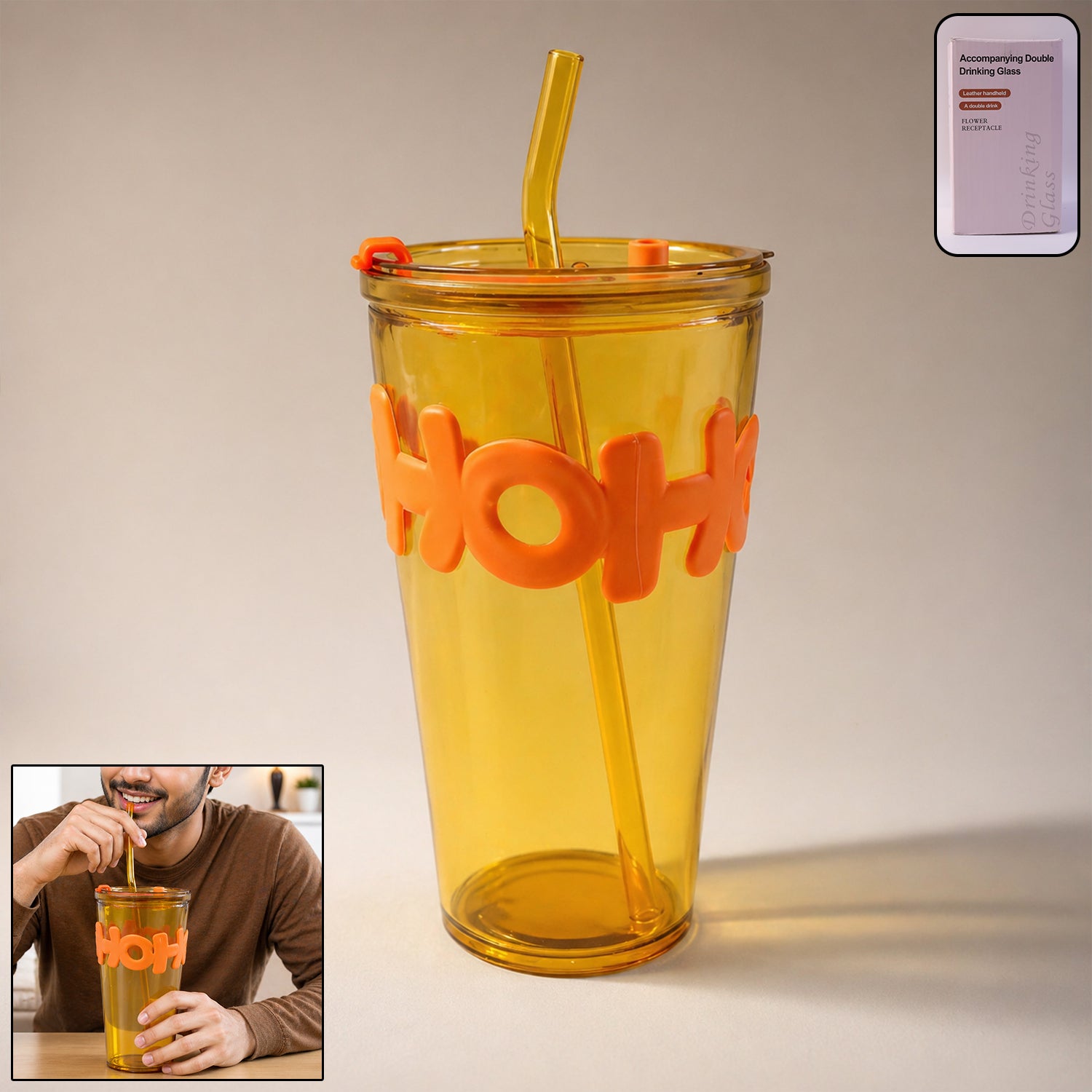 Transparent Glass Tumbler With Lid And Straw (450 Ml)