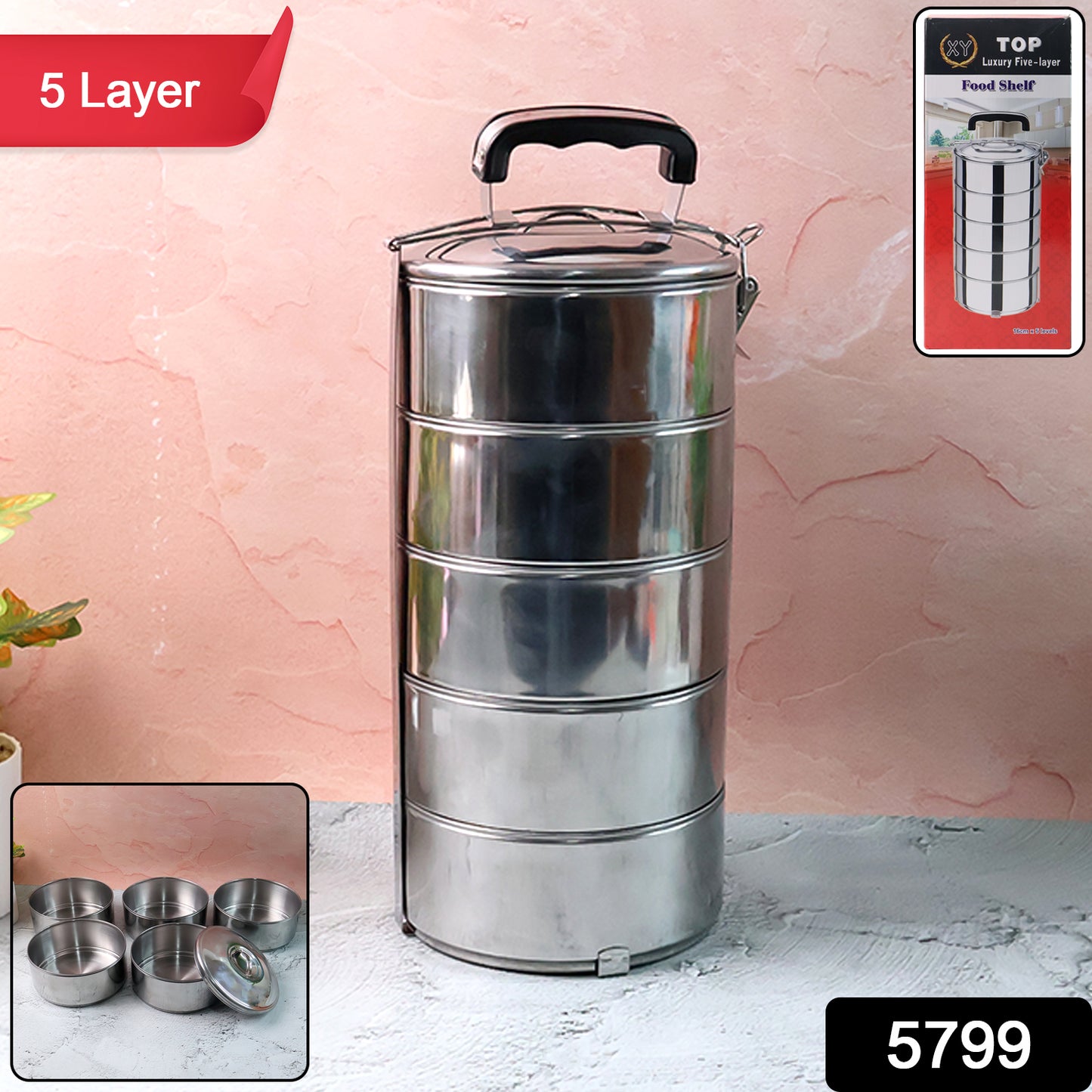 5799 Big Size 5 Compartment Lunch Box Stainless Steel Round Tiffin Traditional Tiffin Box For Kids College Office Men And Women Meal Holder With Locking Clip 5 Containers (16x5 Inch)