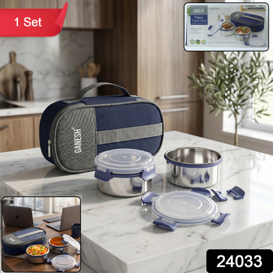 Ganesh Neo Twin 400 Lunch Box Set With Insulated Carry Bag (1 Set)