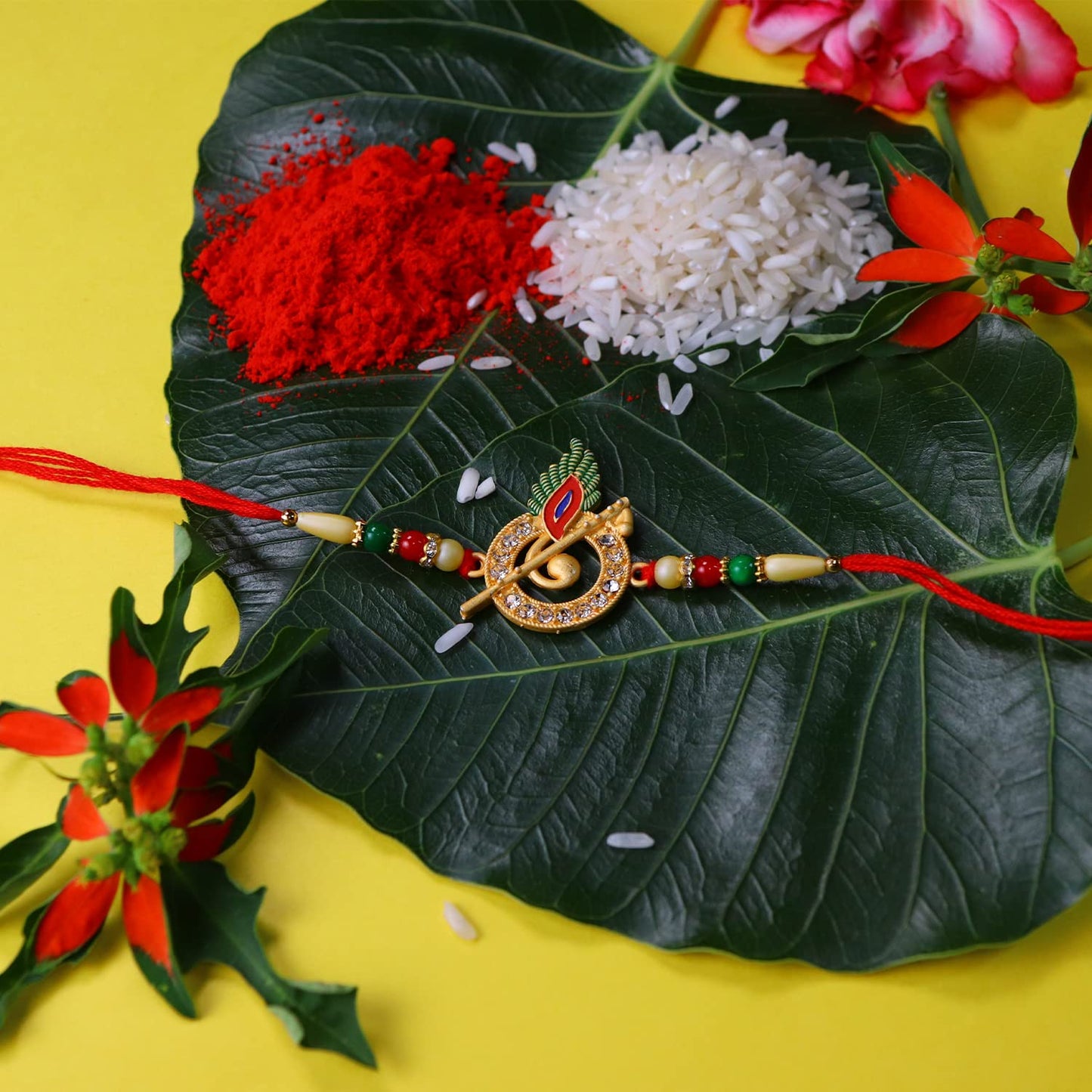 Krishna Flute Rakhi With Choco Nut Butterscotch Coin Tilak  Greeting Card Combo