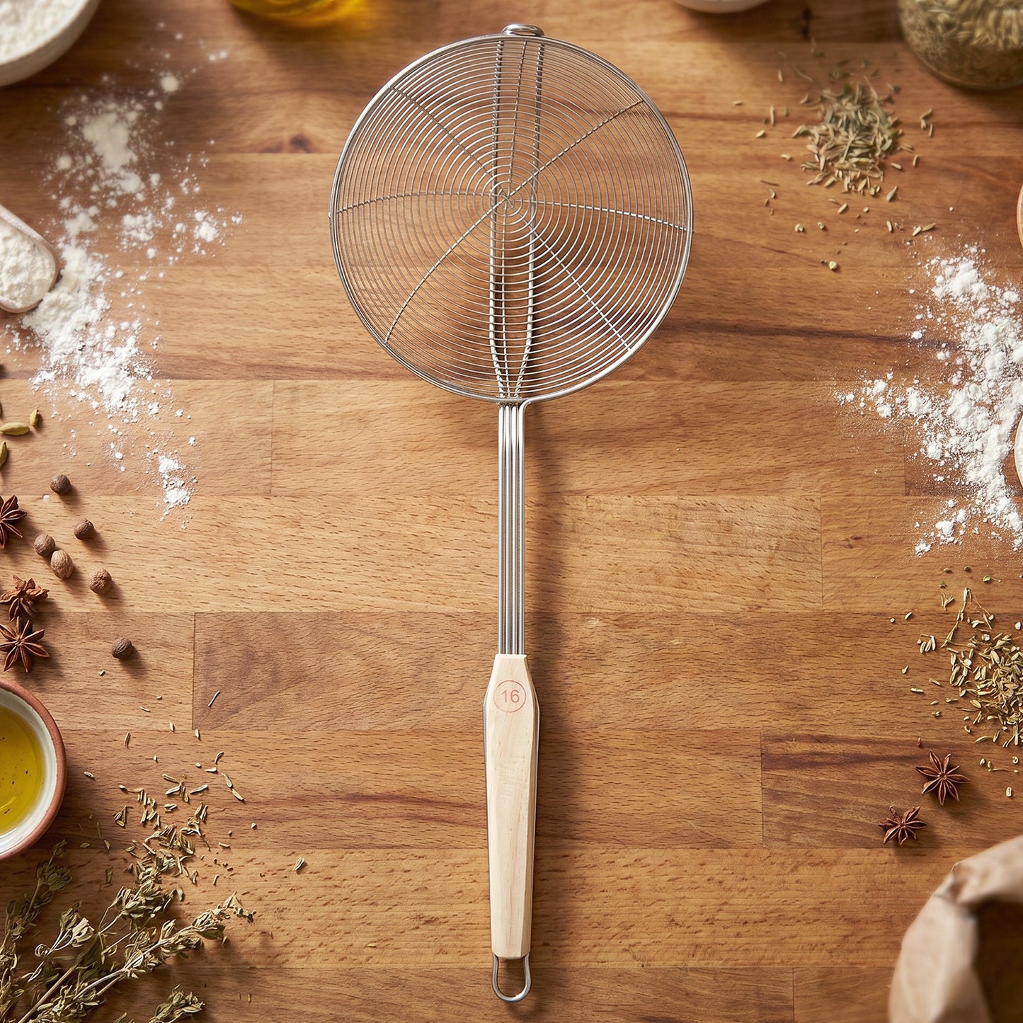 Stainless Steel Frying Skimmer Strainer With Wooden Handle (1 Pc 45 Cm)