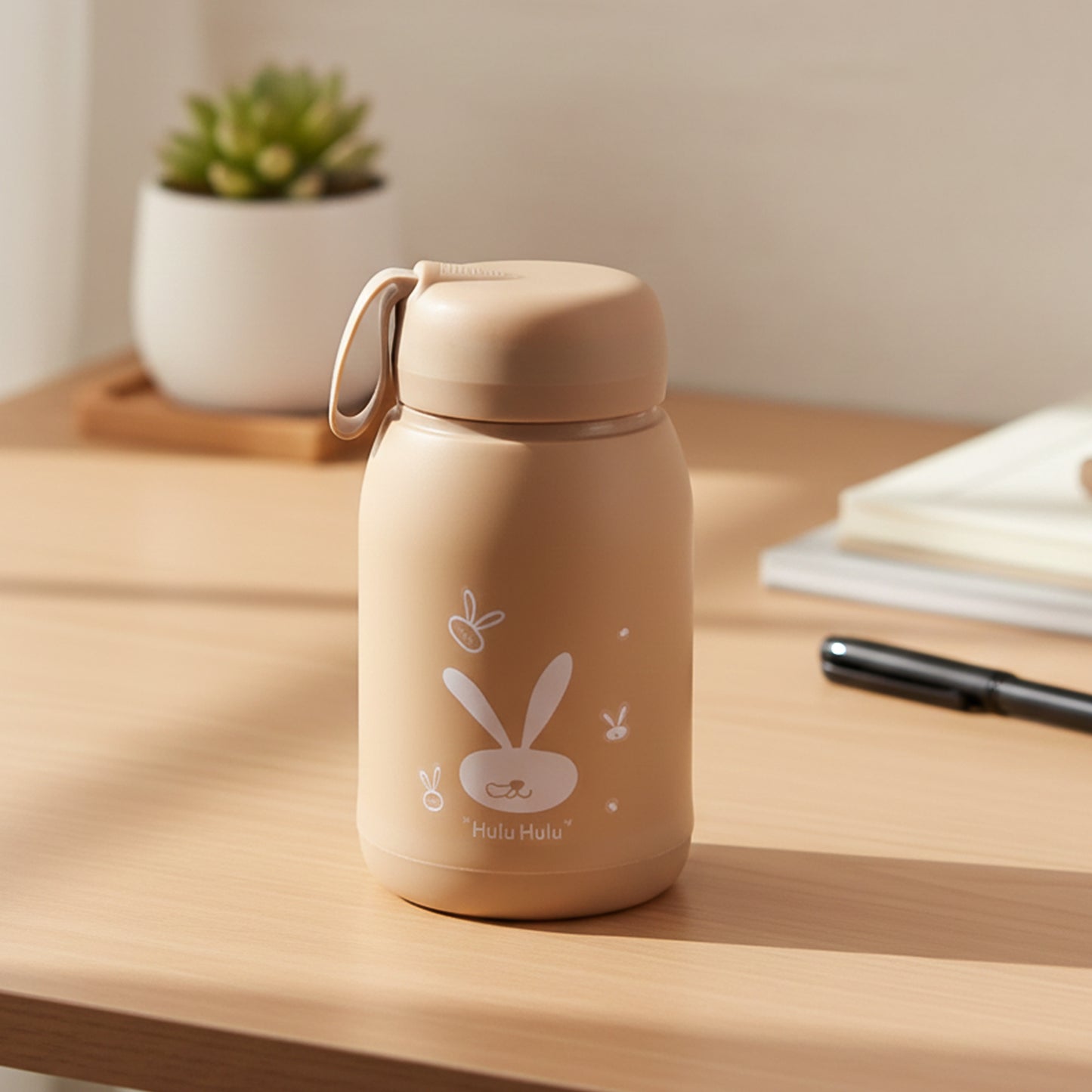 Cute Bunny Print Glass Drinking Brown Bottle (330ml  1 Pc)