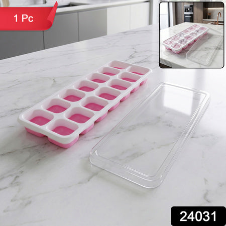 Multipurpose Plastic Ice Cube Tray With Lid (1 Pc 14 Gride  Pink)