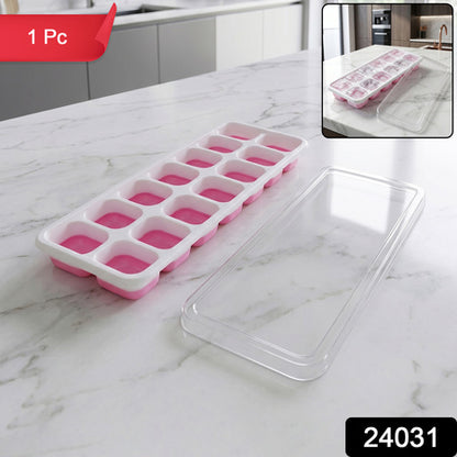 Multipurpose Plastic Ice Cube Tray With Lid (1 Pc 14 Gride  Pink)