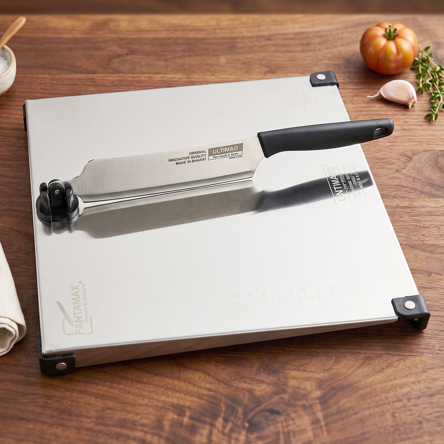 Stainless Steel 2 In 1 Cut And Chop Board With Knife And Sharpener (1 Set)