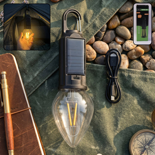 Solar Rechargeable Camping Lamp With Carabiner Clip Warm Led Bulb Light (1 Pc)
