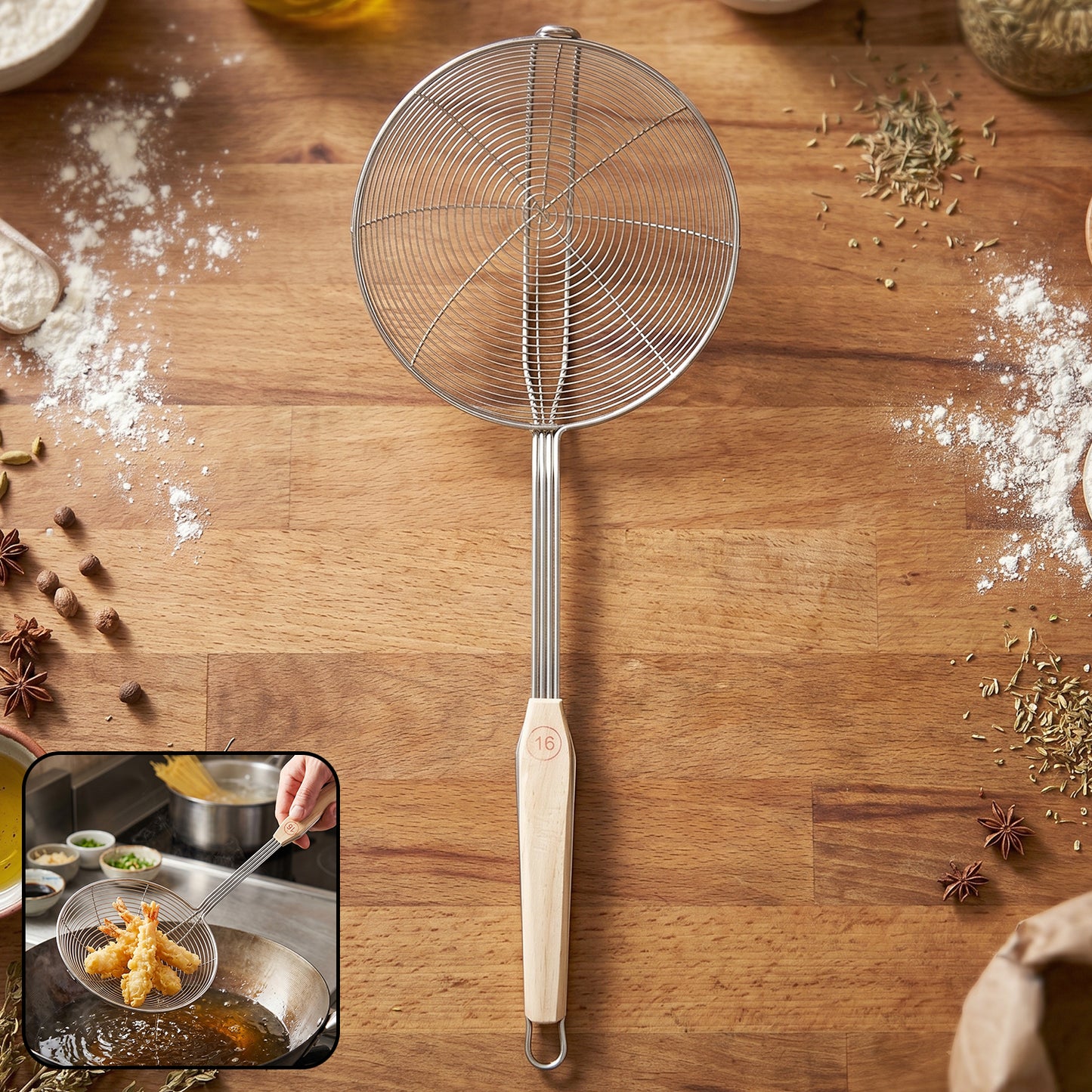 Stainless Steel Frying Skimmer Strainer With Wooden Handle (1 Pc 45 Cm)