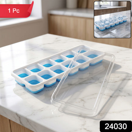 Multipurpose Plastic Ice Cube Tray With Lid (1 Pc 14 Gride  Blue)