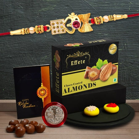 Multicolor Red Om Rakhi  Bracelet (K1_282_cd)  Chocolate Delight 96gm With Silver Color Pooja Coin Roli Chawal  Greeting Card Occasion Rakhi For Brother With Gift Rakhi With Chocolate Rakhi Combo For Brother Set Of 1 Rakhi Rakhi Ch