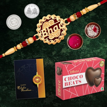 (K1_527_cb32) Multicolor Bhai Coded Rakhi Combo With Chocolate Beats 32gm Silver Color Pooja Coin Roli Chawal  Greeting Card Occasion Rakhi  Chocolate For Brother Rakhi With Chocolate Rakhi With Gift Rakhi Combo Set Of 1 Rakhi Rak