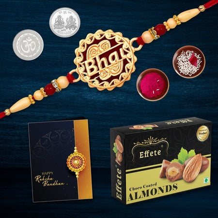Multicolor Bhai Coded Rakhi  Bracelet (K1_527_ca32)  Chocolate Almonds 32gm With Silver Color Pooja Coin Roli Chawal  Greeting Card Occasion Rakhi For Brother With Gift Rakhi With Chocolate Rakhi Combo For Brother Set Of 1 Rakhi Ra