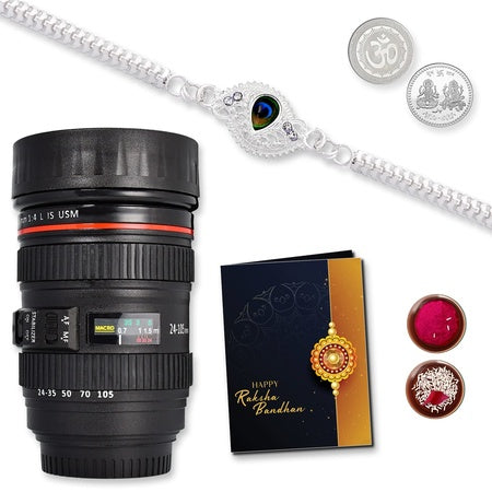Multicolor Rakhi Combo With (K1_a61_m720) Rakhi  Camera Lens Coffee Mug With Silver Color Pooja Coin  Greeting Card Fancy Rakhi For Brother With Gift New Rakhi Collection Rakhi Combo For Brother Rakhi Mug Brother Tea Mug Set Of 1 Rakhi