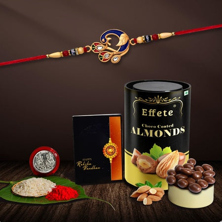 (K1_503_bs) Multicolor Blue Peacock Rakhi Combo With Chocolate Butter Scotch 96gm Silver Color Pooja Coin Roli Chawal  Greeting Card Occasion Rakhi  Chocolate For Brother Bracelets For Men Stylish Rakhi With Gift Rakhi Combo Set Of