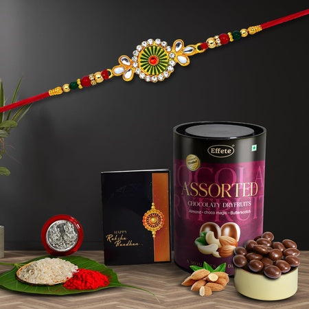 Rakhi For Brother Set Of 1 With Assorted Chocolate Dryfruits 96gm Pooja Coin With Greating Card Rakhi For Brother And Bhabhi Rakhi With Chocolate Rakhi With Gift For Brother Rakhi For Kids Rakhi Set Rakhi Combo Rakhi With Sweets (K1_548_as)