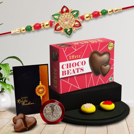 Rakhi Combo Gift For Brother With Center Filled Chocolate Golden Color Rakhi Rakhi Gift For Brothersister  Rakkhi For Men  Rakhi Set Of 1 With Greeting Cardroli Chaval  Coin (K1_703_cb32)