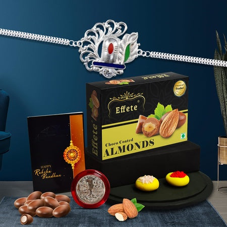 (K1_a36_ca32) Multicolor Rakhi Combo With Chocolate Almonds  Silver Color Pooja Coin Roli Chawal  Greeting Card  Occasion  Rakhi For Brother With Gift  Chocolate Gift Pack Rakhi With Chocolate Gift Hemper  Bracelets For Men  Set Of