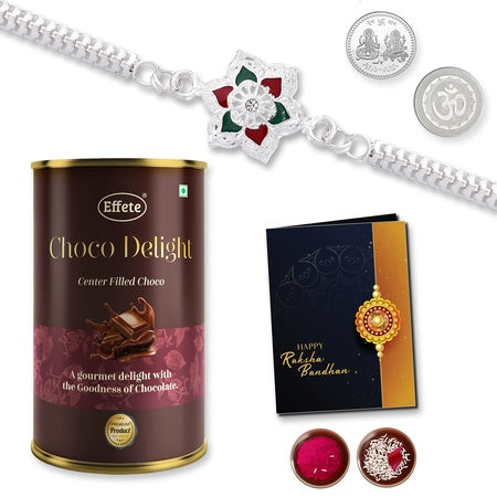 Multicolor Rangoli Floral Silver Color Rakhi  Bracelet (K1_a31_cd)  Chocolate Delight 96gm With Silver Color Pooja Coin Roli Chawal  Greeting Card  Occasion  Rakhi For Brother With Gift  Rakhi With Chocolate Rakhi Combo For Brother