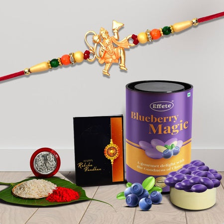 Multicolor Hanuman Rakhi  Bracelet (K1_261_as)  Assorted Chocolate Dry Fruits 96gm With Silver Color Pooja Coin Roli Chawal  Greeting Card  Occasion  Rakhi Combo With Card And Chocolate  Chocolates Gift  Rakhi  Chocolate For Brother