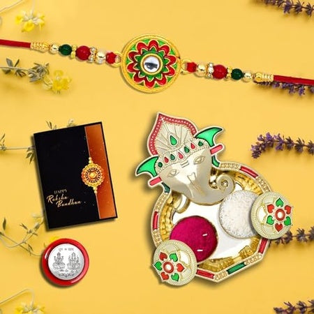 Rakhi For Brother Set Of 1 With Dish Silver Coin  Greeting Card Rakhi For Brother And Bhabhi Rakhi With Gift For Brother Rakhi For Kids Rakhi Set Rakhi Combo (K1_513_aa3)