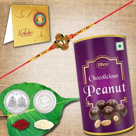 Rakshabandhan Multicolor Silver Plated Rakhi (K1_26_p32) Rakhi - 26 With Chocofarm Choco Peanuts 32gm Roli Chawal Pooja Coin  Greeting