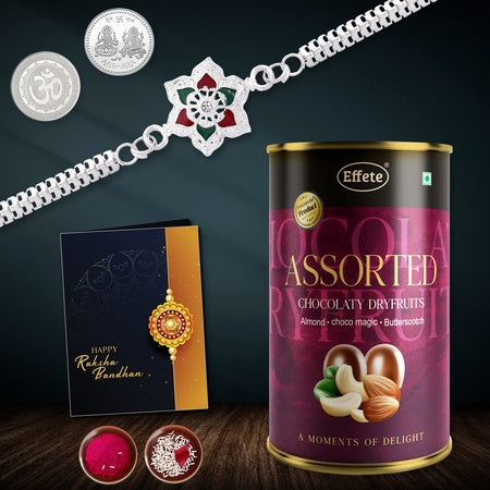 Multicolor Rangoli Floral Silver Color Rakhi  Bracelet (K1_a31_mds)  Mango Milk Drink With Silver Color Pooja Coin Roli Chawal  Greeting Card  Occasion  Rakhi For Brother With Gift  Rakhi With Milk Drink  Handmade Rakhi Rakhi Combo For Bro