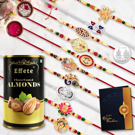 Multicolor Bracelet Rakhi (K10_mc2_ca)  Chocolate Almonds With Silver Color Pooja Coin Roli Chawal  Greeting Card  Occasion  Rakhi For Brother With Gift  Handmade Rakhi Rakhi Combo For Brother  Stylish Rakhi For Brother  Set Of 10