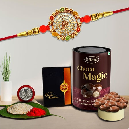 Rakhi For Brother Set Of 1 With Silver Color Pooja Coin Rakhi With Greeting Card Rakhi For Brother And Bhabhi Rakhi With Chocolate Rakhi With Gift For Brother Rakhi For Kids Rakhi Set Rakhi Combo Rakhi With Sweets (K1_703_cd)