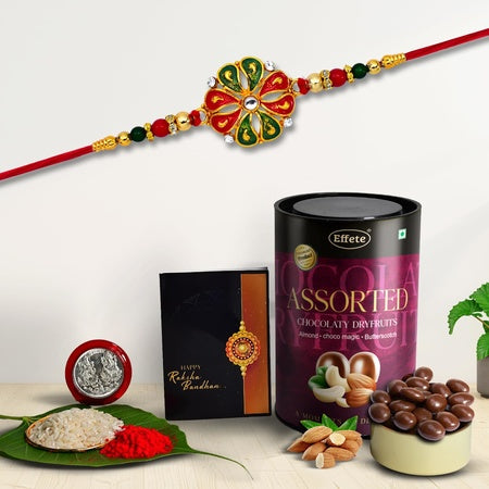 (K1_907_as) Multicolor Rakhi Combo With Assorted Chocolate Dry Fruits  Silver Color Pooja Coin Roli Chawal  Greeting Card  Occasion  Rakhi For Brother With Gift  Chocolate Gift Pack Rakhi With Chocolate Gift Hemper  Bracelets For Men