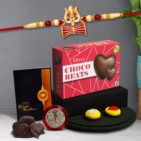 (K1_504_cb32) Multicolor Trishul Rakhi Combo With Chocolate Beats 32gm Silver Color Pooja Coin Roli Chawal  Greeting Card Occasion Stylish Rakhi For Brother Rakhi  Chocolate For Brother Rakhi Brother Rakhi With Gift Handmade Rakhi